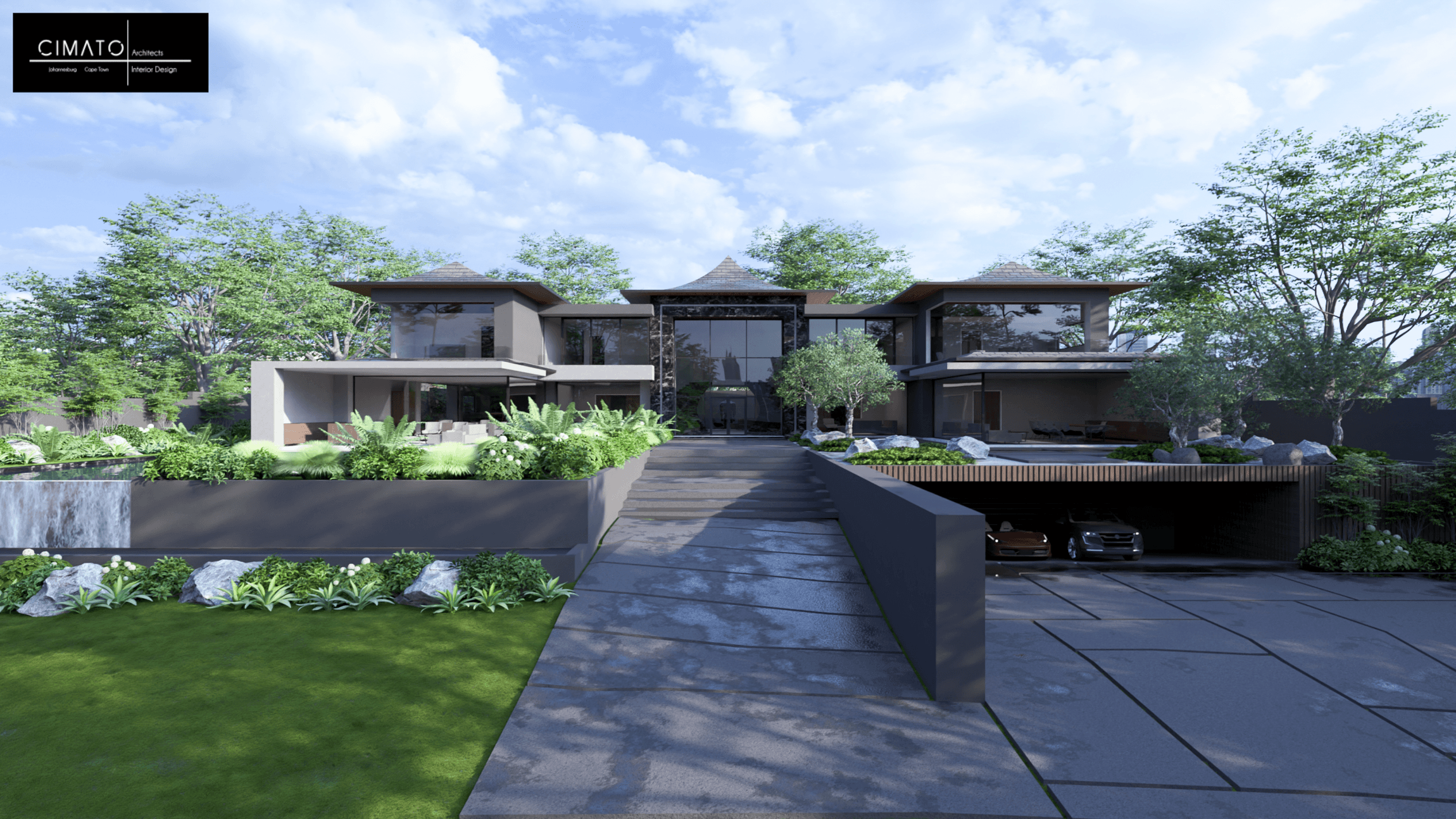 Luxury contemporary home exterior at 6 Allan Road featuring modern architectural design, landscaped entrance and premium residential construction in Johannesburg