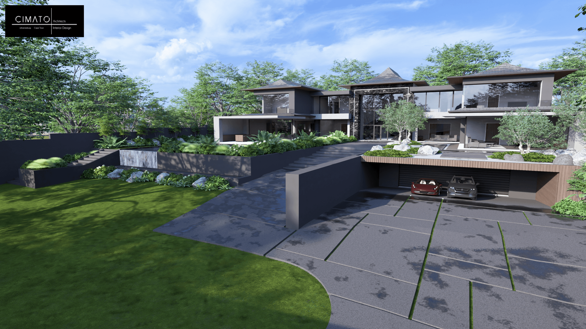 Contemporary luxury home with landscaped gardens, modern concrete finishes and premium residential architecture in Johannesburg