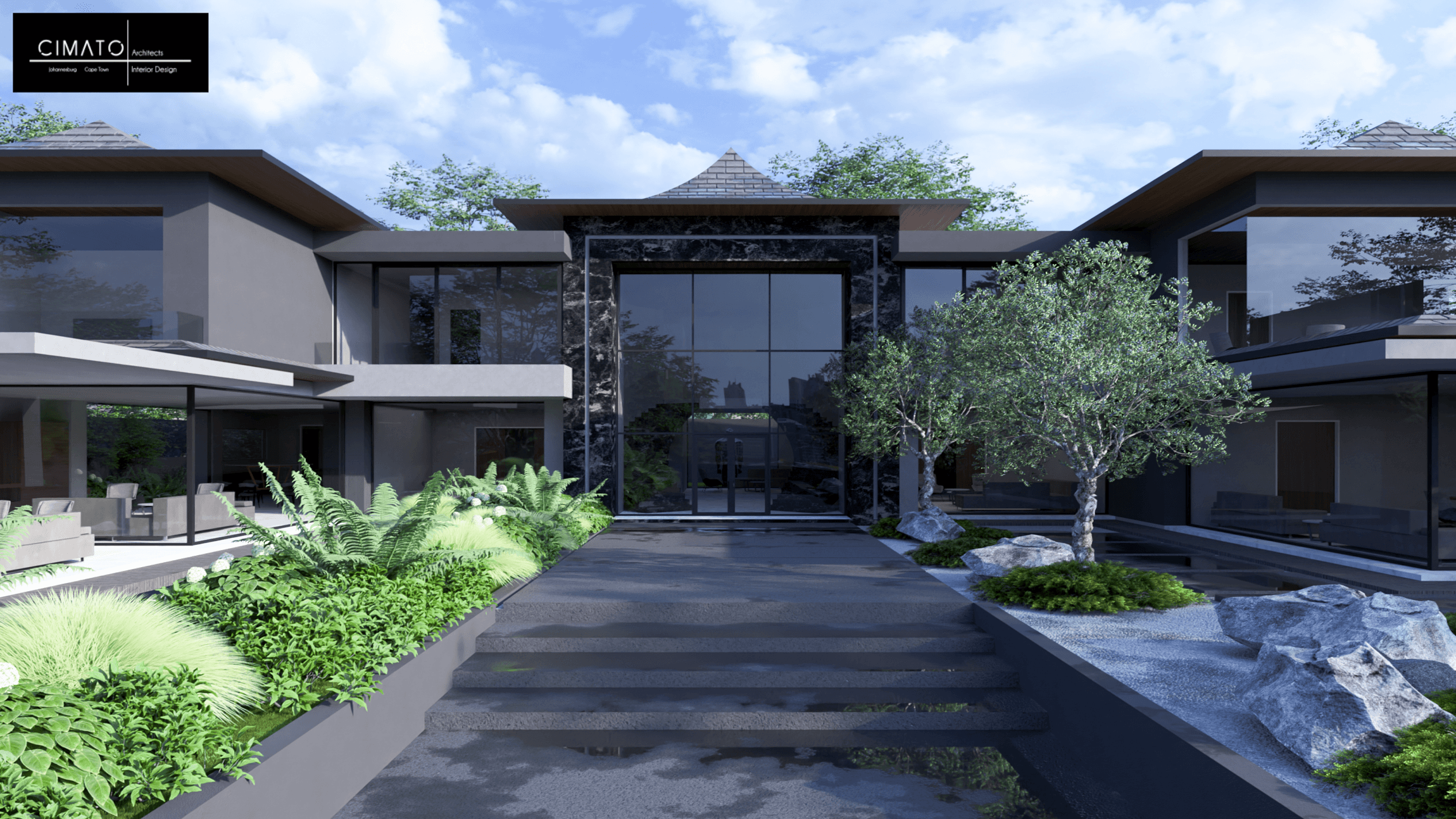 Modern luxury home entrance with double-volume glass façade, natural stone finishes and landscaped walkway at 6 Allan Road
