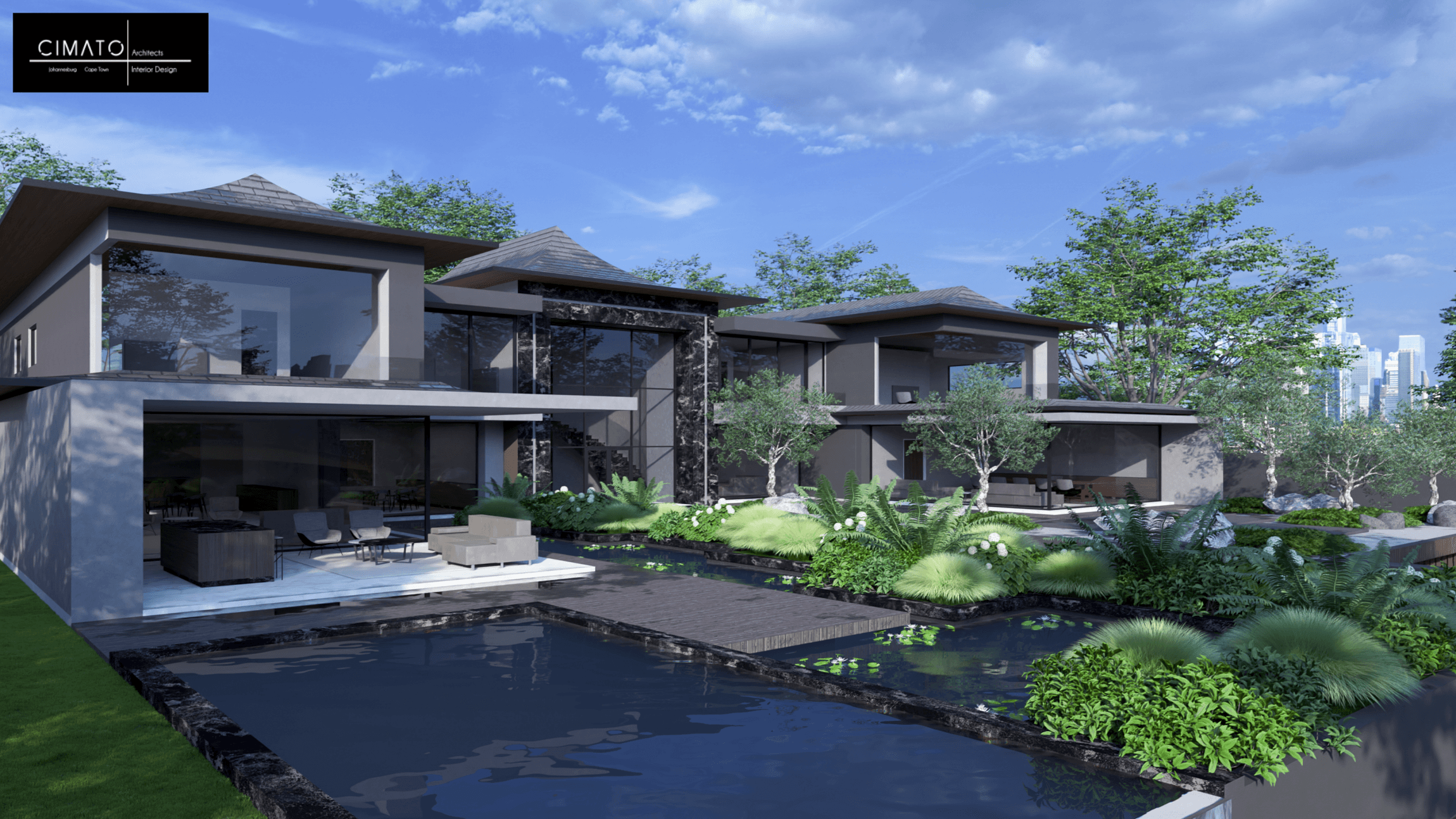 Luxury contemporary residence with outdoor entertainment area, reflective pool and landscaped garden design in Johannesburg