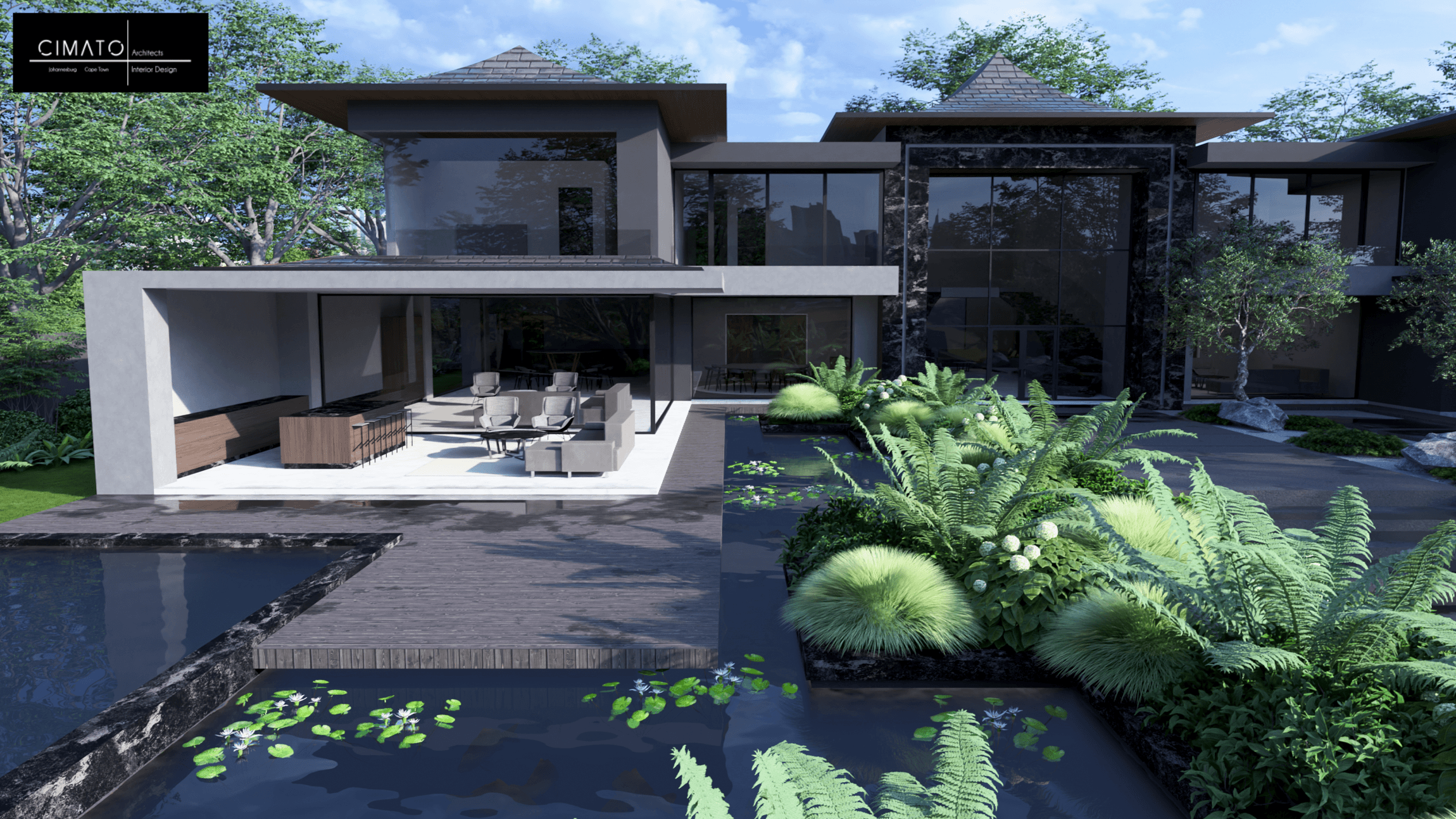 High-end outdoor entertainment area with modern patio, water features and luxury residential architecture at 6 Allan Road