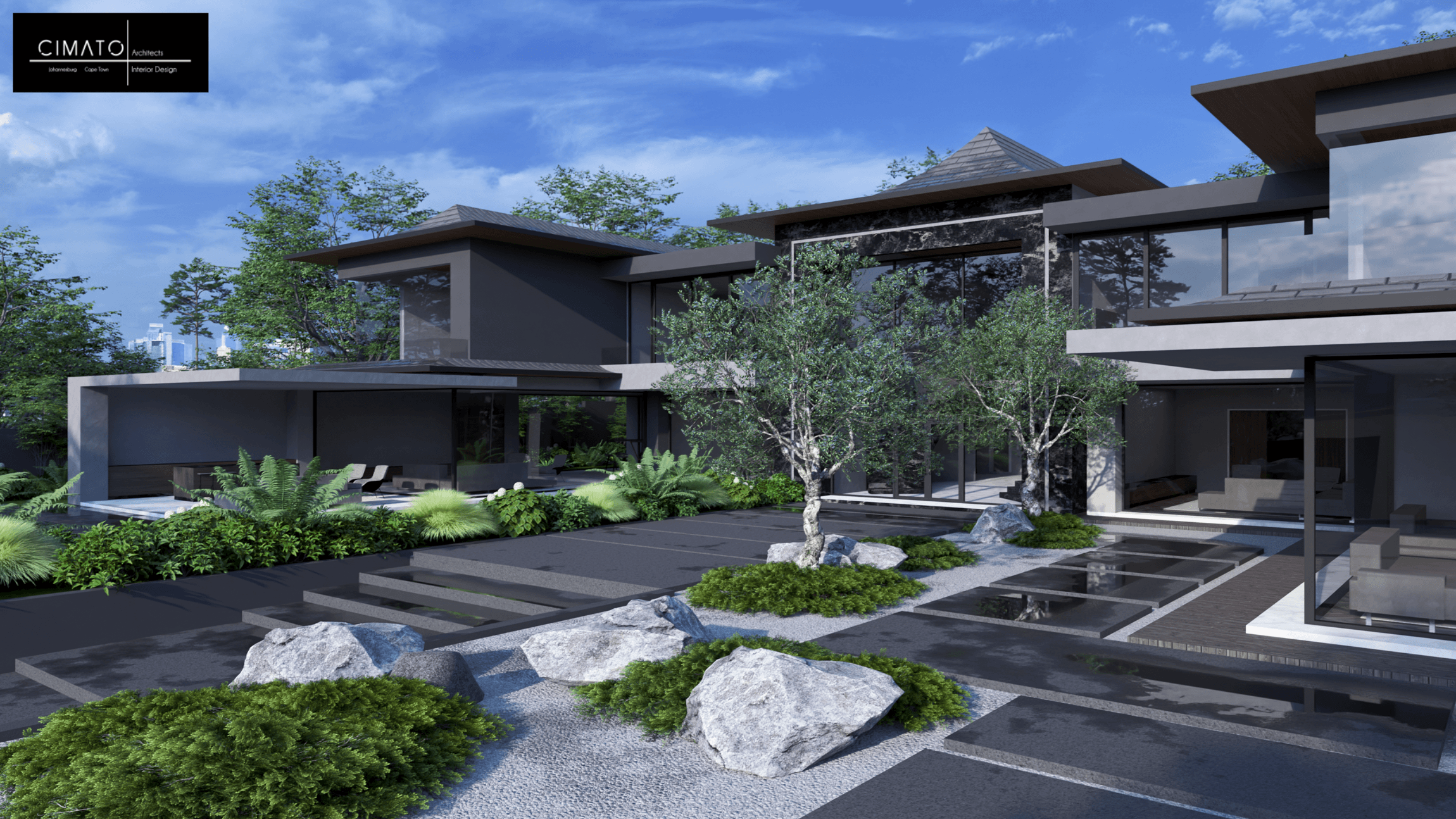 Luxury residential courtyard with contemporary landscaping, water features and modern architectural detailing in Johannesburg